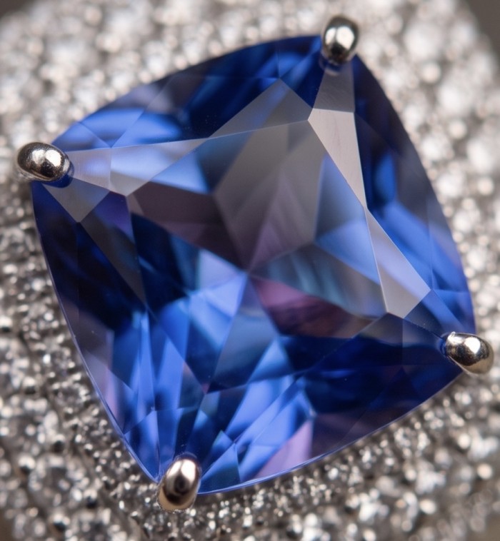 Emily asscher cut 10.7 carat Tanzanite .925 Sterling Silver handmade Statement ring size 6 - Close-up of 10.7 carat asscher cut Tanzanite in sterling silver setting.