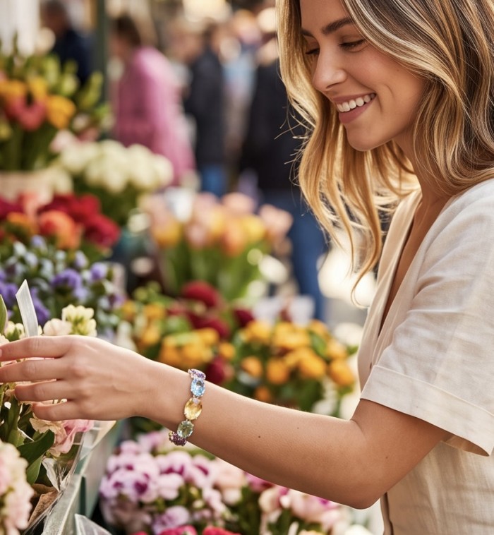 Tutti Frutti 245.5 CARAT MULTIGEM Rhodium over .925 Sterling Silver brilliantly handcrafted Bracelet - Woman wearing Tutti Frutti bracelet, flower market background.