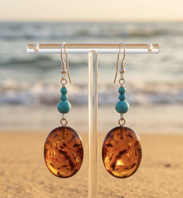 Golden Honey Drops authentic Baltic Amber Turquoise .925 Sterling Silver earrings - Amber and turquoise earrings on stand with beach background.