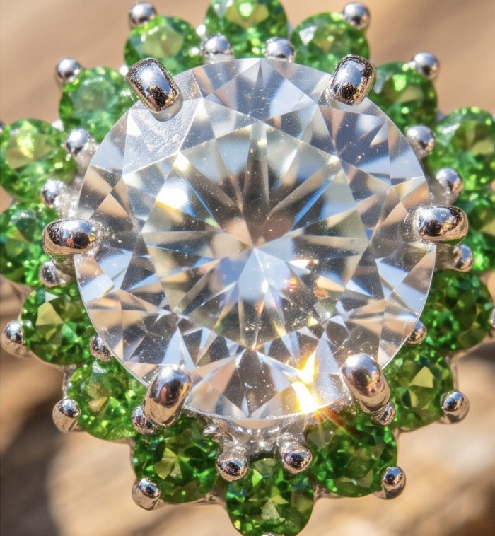 Natural 4.9 carat Green Amethyst Emerald .925 Sterling Silver handmade Statement Ring size 9 - Close-up of natural green amethyst and emerald in sterling silver setting