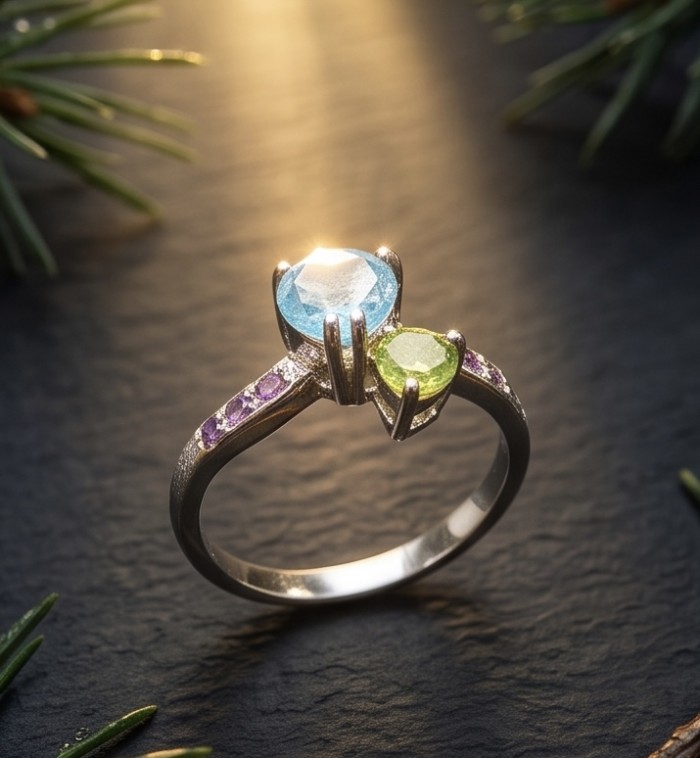 Pacifica 1.8 carat Swiss Blue Topaz .925 Sterling Silver handcrafted ring size 7 - Pacifica ring with blue topaz and peridot close-up on slate background.