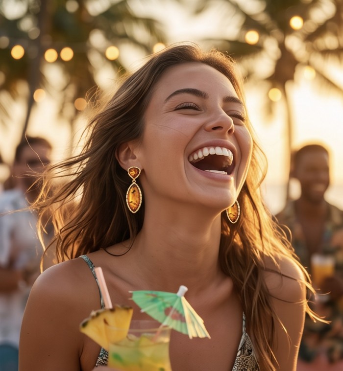 Golden Honey Drops authentic Baltic Amber 14K Gold over .925 Sterling Silver earrings - Close-up of Baltic amber earrings worn at a sunny beach party.