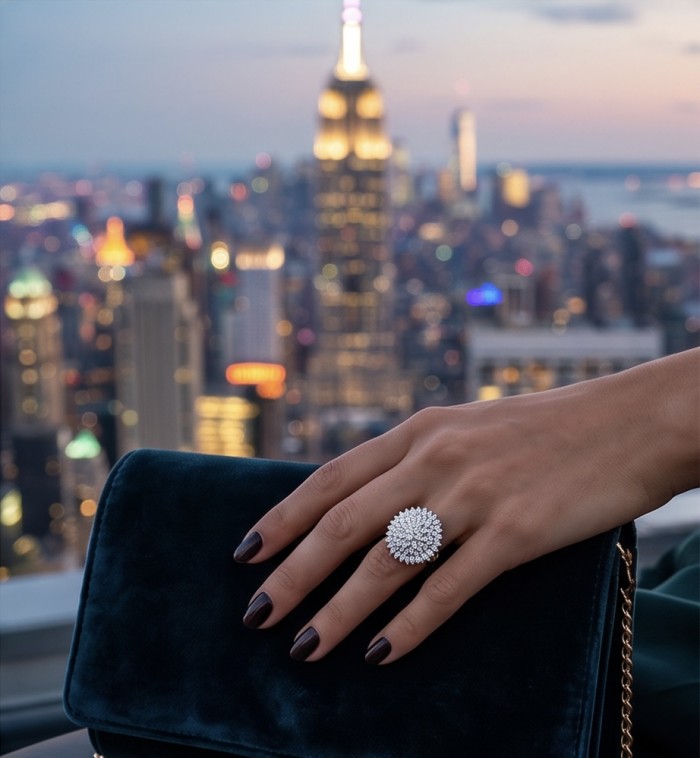 Real Beauty - 8.5 carat White Topaz .925 Sterling Silver Handcrafted Statement Ring size 7 3/4 - Ring with white topaz worn on hand, city skyline in background