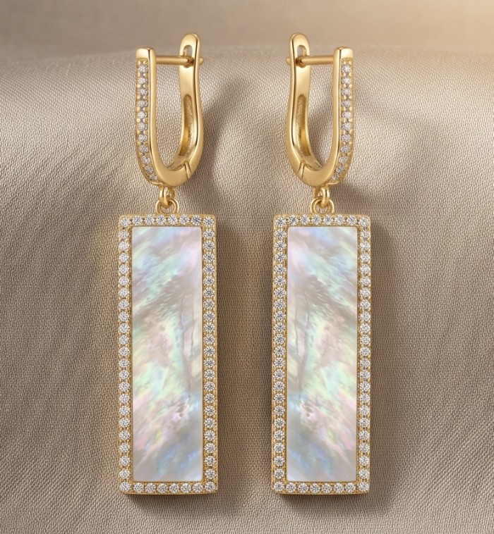 Luxurious Genuine Blister Pearl 0.4 CARAT lab grown Diamond 18K Gold over .925 Sterling Silver handcrafted Statement Earrings - Gold and pearl earrings with diamond border, front view.