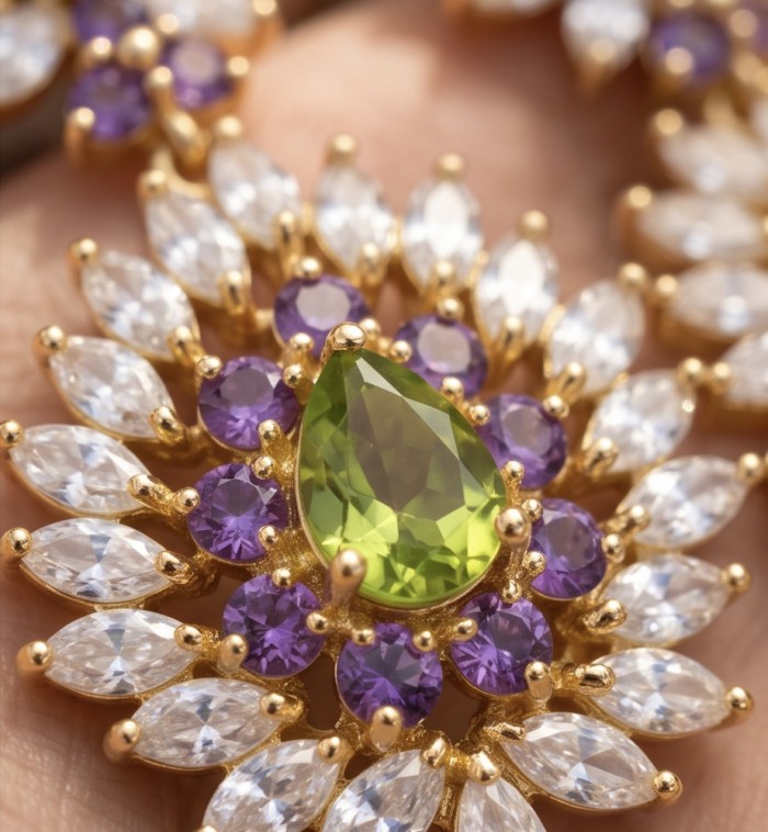 Paloma Authentic 27.2 carat Peridot from Arizona 18k GOLD OVER .925 Sterling Silver handmade Statement earrings - Close-up of Paloma 27.2ct Peridot in 18k gold with amethyst accents