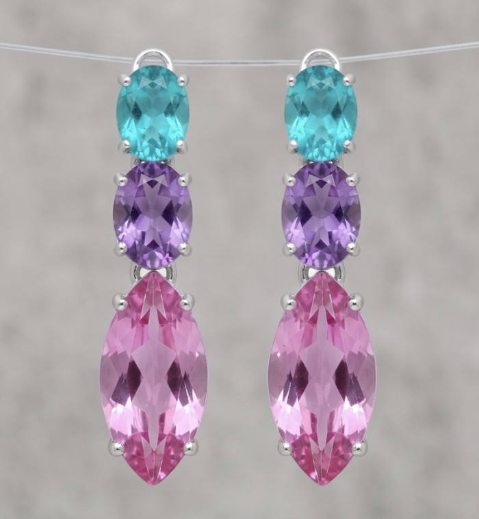 Tiffany - authentic marquise cut 12.7 carat Pink Sapphire .925 Sterling Silver handcrafted Earrings - Colorful gemstone earrings with marquise cut pink sapphires, front view