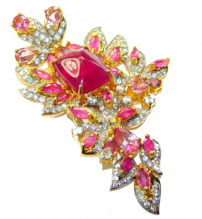 Vintage Design Genuine Ruby 18K Gold over .925 Sterling Silver handmade Large Statement Pendant - photo 4