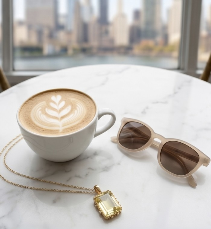 Emerald cut 10.3 carat Lemon Quartz 18K Gold over .925 Sterling Silver handcrafted pendant - Top view of lemon quartz necklace with latte and sunglasses background.