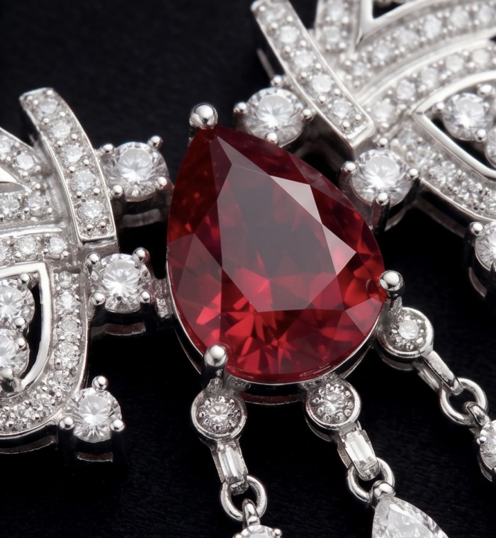 Giovanna - Magnificent Jewel 6.8 carat Ruby .925 Sterling Silver handcrafted incredible Statement Necklace - Close-up of 4.8 carat ruby pendant with diamonds in sterling silver.