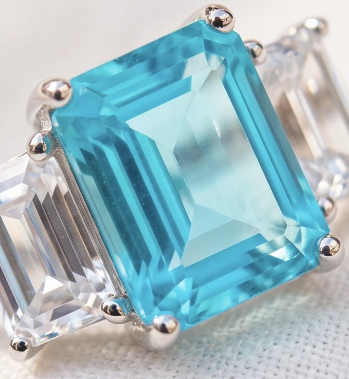 Wonderland 4.9 carat Brazilian Paraiba Tourmaline .925 Sterling Silver Handcrafted Ring size 8 - Close-up of Brazilian Paraiba Tourmaline ring with .925 silver setting