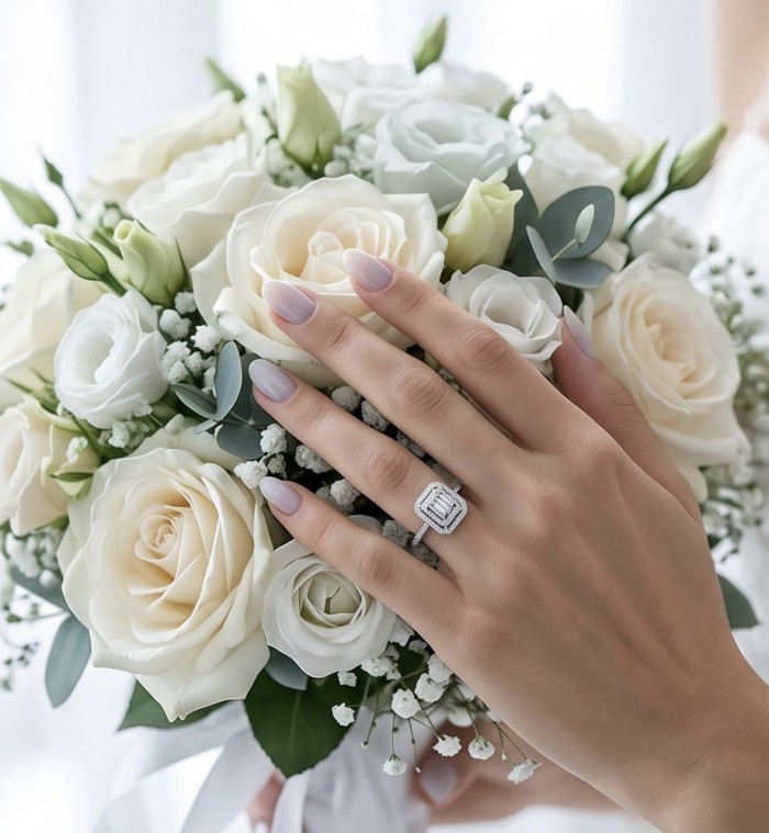 Art Deco 8.6 ctw White TOPAZ .925 Sterling Silver handcrafted Statement Ring size 7 - Hand wearing Art Deco white topaz ring with floral bouquet background