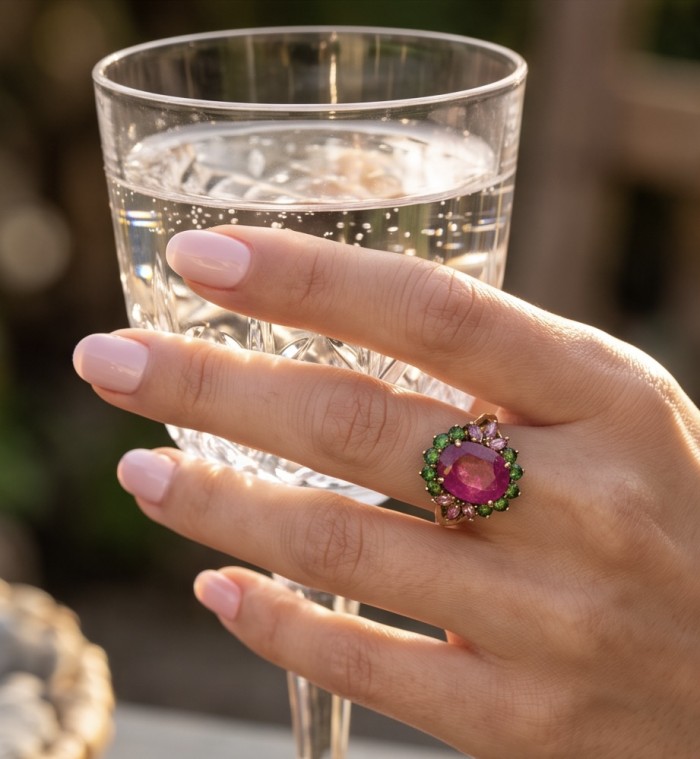 Scarlett 17.5 ctw Mozambique Ruby .925 Sterling Silver dipped in 22K Gold handcrafted Statement Ring size 7 - Ruby ring worn on hand holding a glass, close-up view.