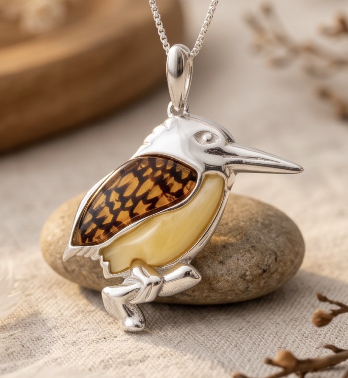 Summer Bird Amber .925 Sterling Silver handmade Pendant - Side view of Summer Bird Amber .925 Sterling Silver handmade pendant.