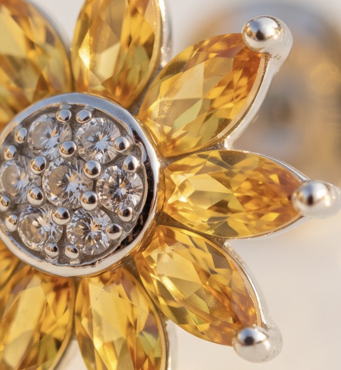 Vivien - Natural 2.2 carat yellow Sapphire .925 Sterling Silver dipped in rhodium handmade earrings - Close-up of yellow sapphire flower earrings in sterling silver.