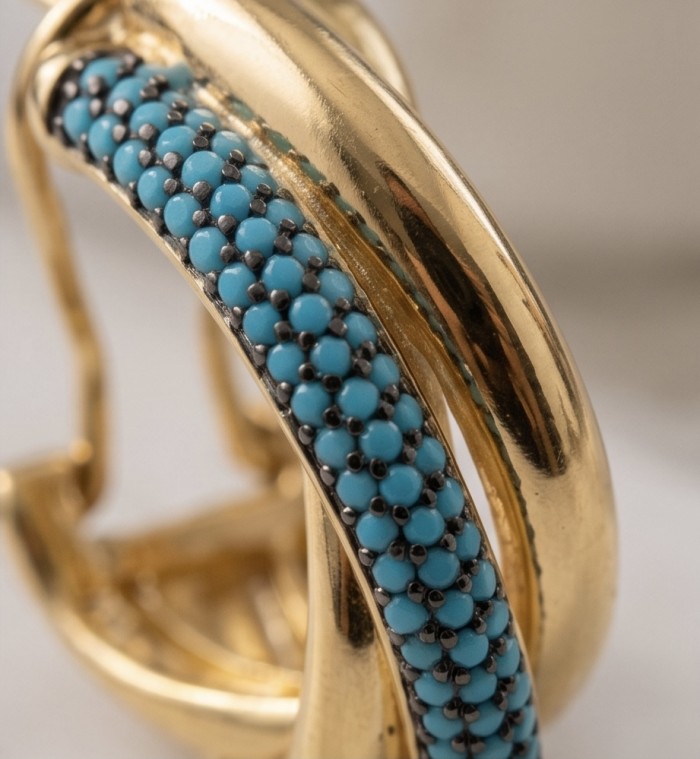 Great authentic pave Sleeping Beauty Turquoise 18K Gold over .925 Sterling Silver handcrafted Earrings - Close-up of pave Sleeping Beauty Turquoise in 18K gold setting.