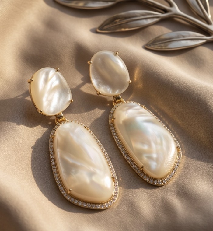 Genuine Blister Pearl lab grown Diamond 18K Gold over .925 Sterling Silver handcrafted Large Statement Earrings - Earrings close-up: blister pearl, diamonds, 18K gold on fabric.