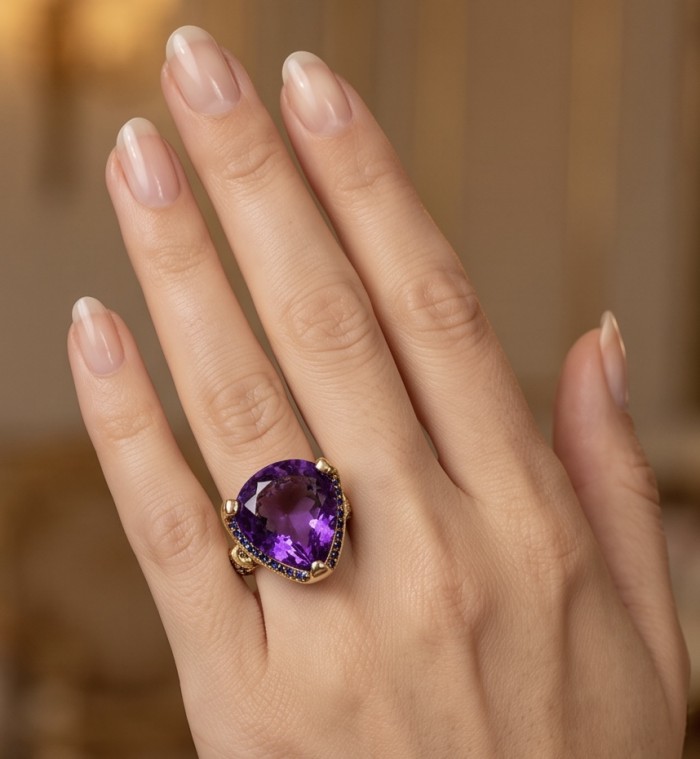 Giuseppina - Authentic 25.5 carat Amethyst Sapphire 22k Gold over .925 Sterling Silver handcrafted Statement Ring size 6 - Amethyst ring on hand, showcasing 25.5 carat stone, gold setting.