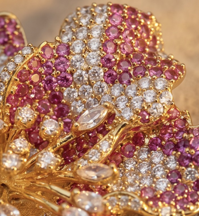 Heirloom Genuine 8.7 carat Kasmir Ruby .925 Sterling Silver dipped in 18k Gold handmade Pendant - Brooch - Close-up of Heirloom 8.7 carat Kashmir Ruby and diamond detailing