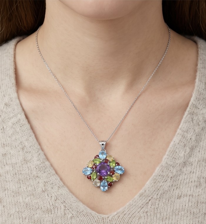 Divine Protection 15.8 carat Precious Amethyst .925 Sterling Silver dipped in rhodium handcarfted Pendant - Pendant necklace with colorful gemstones, worn on model's neck.