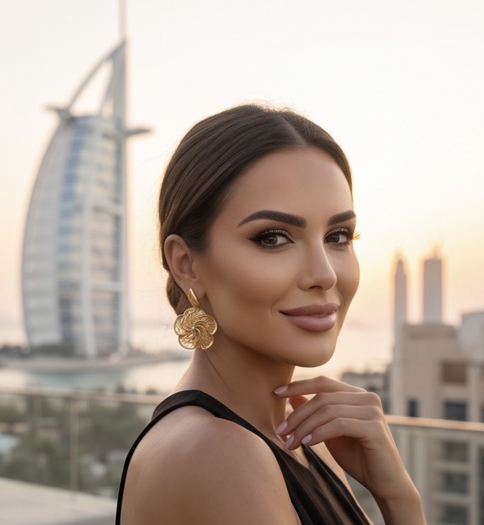 Golden RosesDubai Style - .925 Sterling Silver dipped in 22K Gold handmade Earrings - Woman wearing Golden Roses Dubai Style earrings, side view profile.