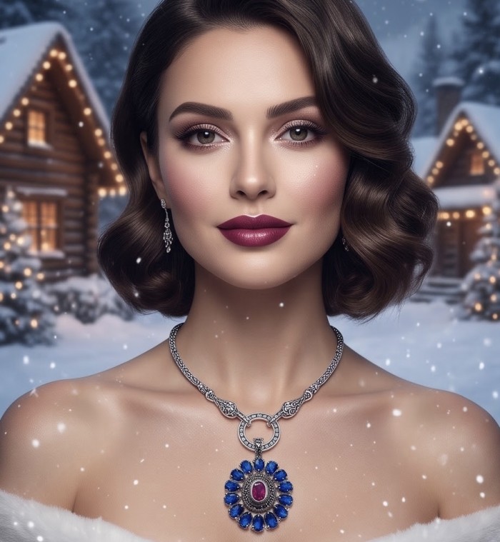 Luxurious 21.5 carat natural Mozambique Ruby .925 Sterling Silver .925 Sterling Silver Statement Necklace - Woman wearing luxurious ruby necklace in snowy cabin setting.