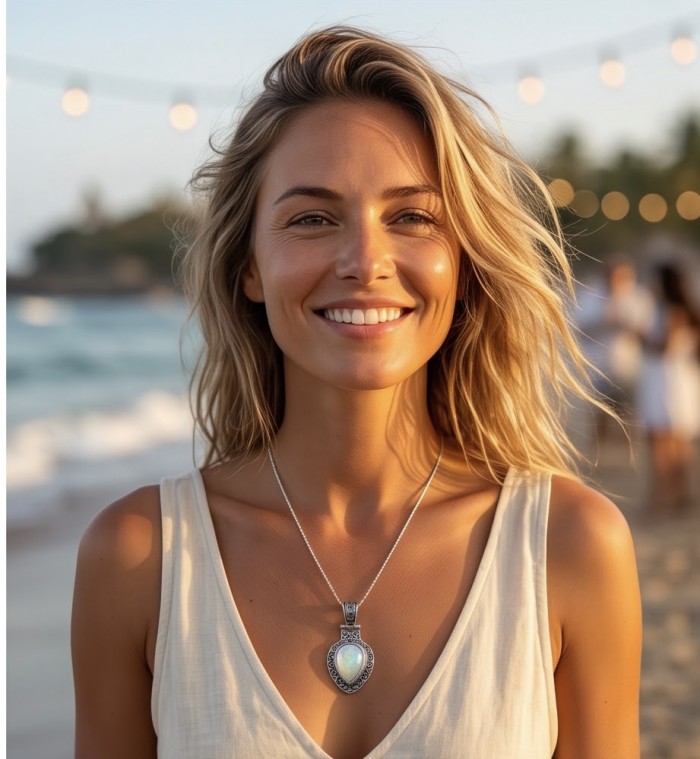Incredible Design Opalite .925 Silver handmade Necklace - Model wearing Incredible Design Opalite .925 Silver handmade Necklace at beach