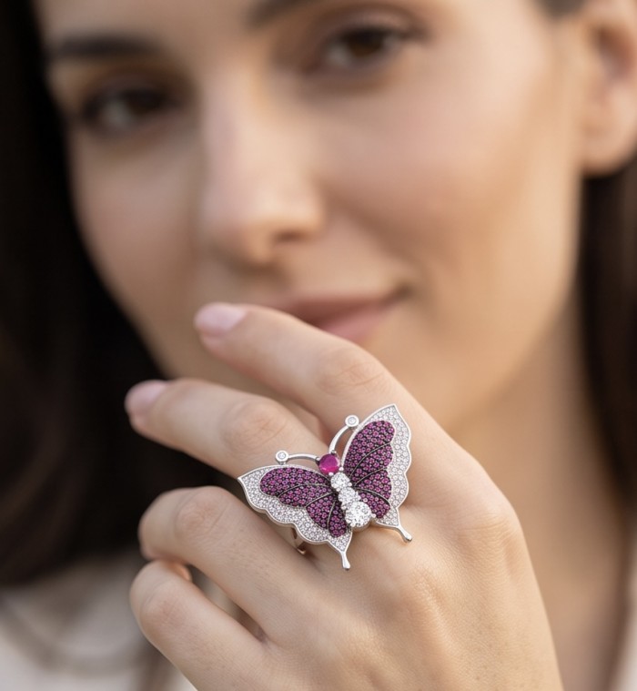 Precious Butterfly Genuine 10.5 carat Kasmir Ruby .925 Sterling Silver handmade Statement Ring size 8 1/4 - Butterfly ring with ruby detail, worn on hand close-up.