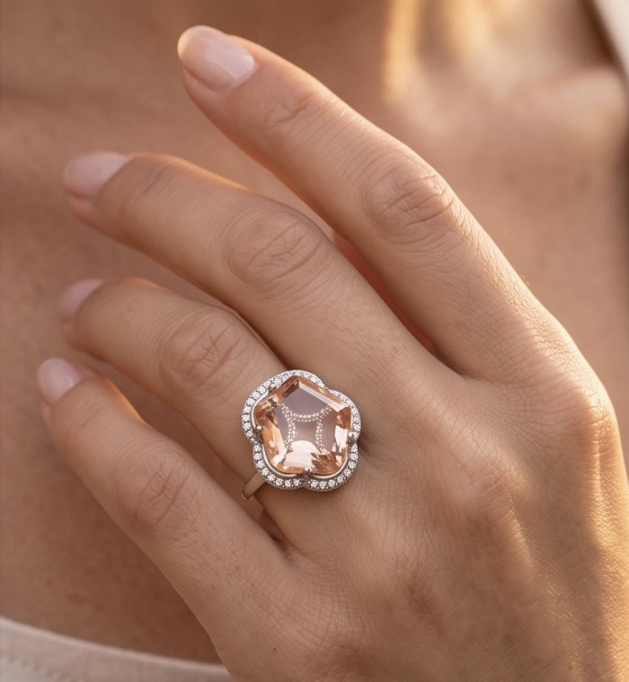 Tae Rose 8.5 carat Morganite .925 Sterling Silver handmade ring s. 9 - Close-up of Tae Rose 8.5 carat Morganite ring worn on hand.