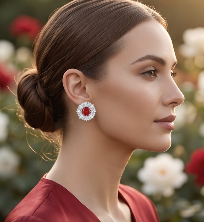 Genuine 3.8 carat Ruby rhodium over .925 Sterling Silver handcrafted Statement Earrings - Side view of a woman wearing ruby and silver earrings in a garden setting.