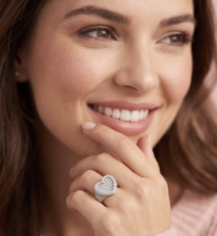 Art Deco Precious Heart - 10.5 carat White Sapphire .925 Sterling Silver Handcrafted Statement Ring size 7 1/4 - Ring worn on hand, heart-shaped 10.5 carat white sapphire detail.