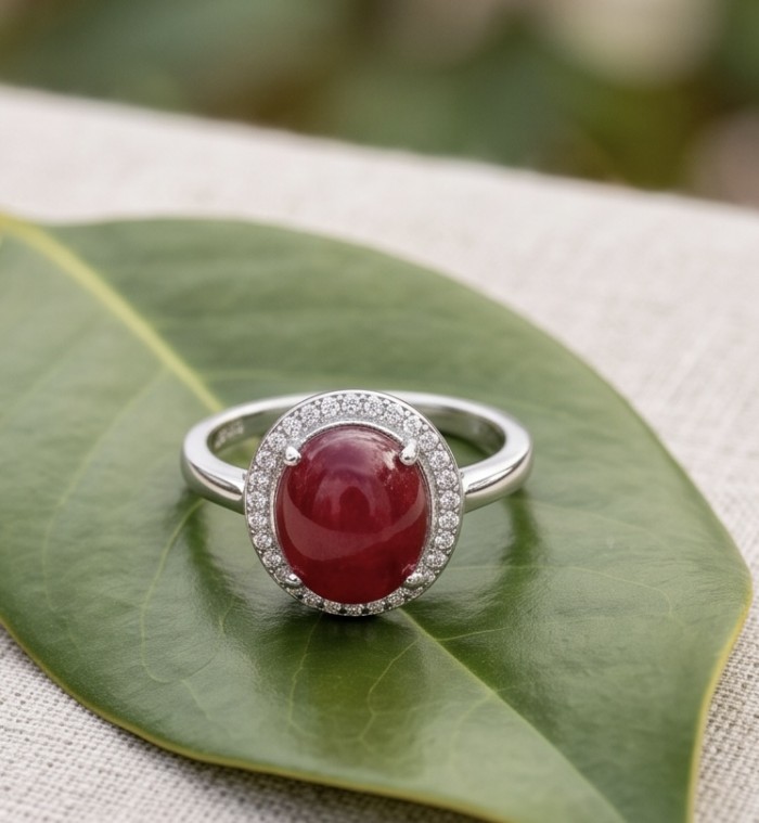 Scarlett 10.7 ctw Mozambique Ruby .925 Sterling Silver handcrafted Statement Ring size 7 - Ruby ring close-up on leaf, Scarlett 10.7 ctw, Sterling Silver setting