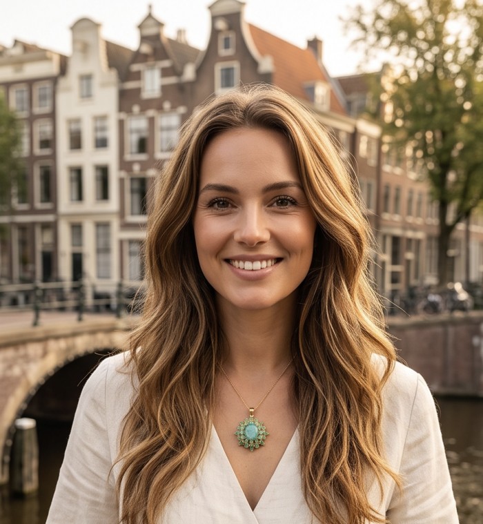 Tiffany - Authentic 18.5 carat Emerald 22K Gold over .925 Sterling Silver handmade Statement Pendant - Emerald pendant necklace worn on model, canal houses in background.