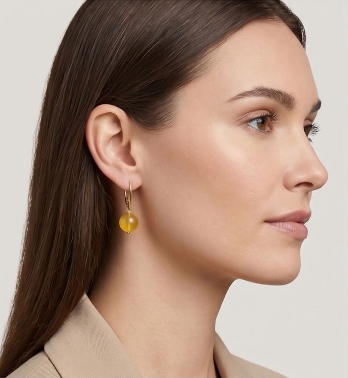 Very Special product - Wonderful Butterscotch Baltic Amber .925 Sterling Silver DIPPED IN 14k Gold entirely handcrafted earrings - Side view of a Very Special Butterscotch Baltic Amb earring worn.