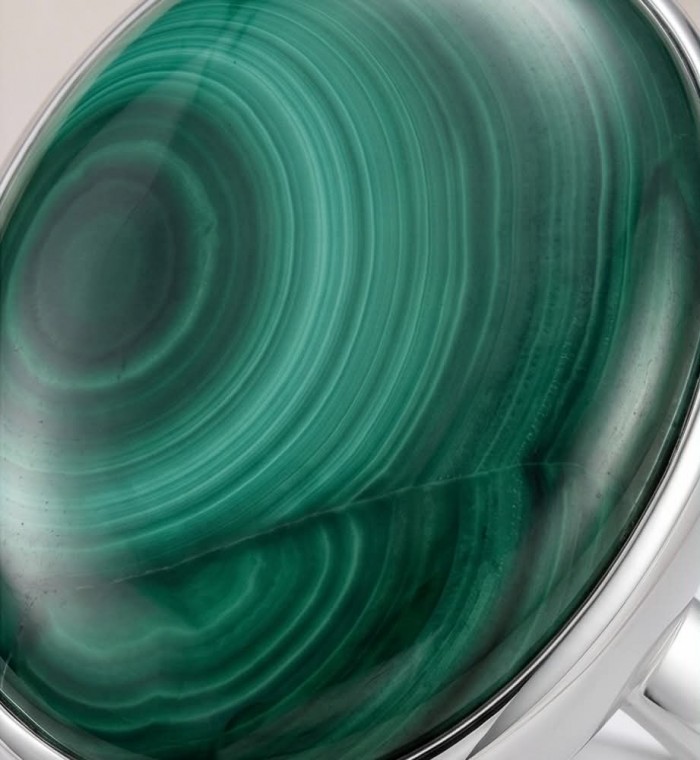Green Aura 33.2 CARAT genuine Malachite from Utah .925 Sterling Silver handcrafted ring size 8 adjustable - Malachite stone close-up on silver setting, Green Aura 33.2 carat.