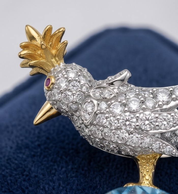Bird on a Rock - Iconic design- Genuine 28.5 carat Aquamarine 18K Gold over .925 Sterling Silver handmade Pendant - Brooch - Side view of Bird on a Rock jewelry with diamond and aquamarine details.