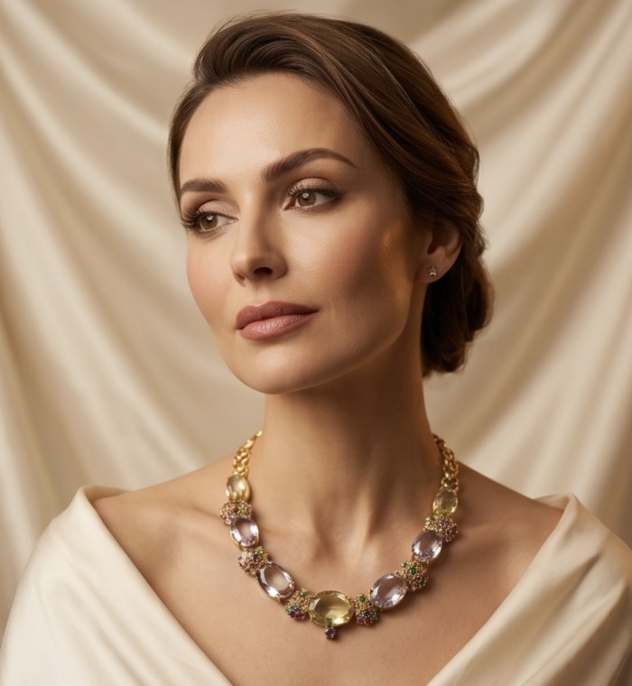 Special finding - Giovanna 195.5 carat Lemon Quartz Amethyst 18k Gold over .925 Sterling Silver handmade STATEMENT necklace - Woman wearing Giovanna Lemon Quartz Amethyst necklace, front view.