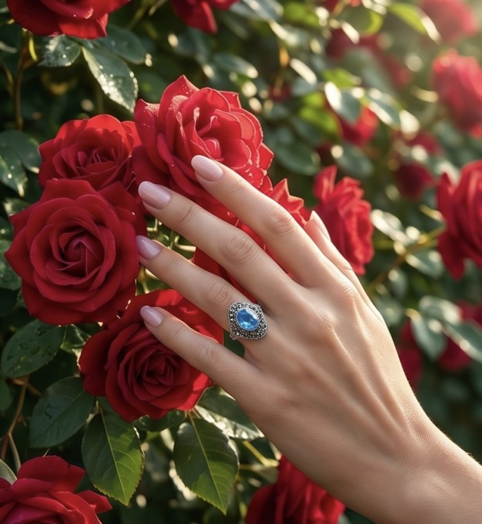 Angelina 8.9 carat authentic Swiss Blue Topaz .925 Sterling Silver Handcrafted Ring size 8 - Hand wears Angelina Swiss Blue Topaz ring amid red roses.