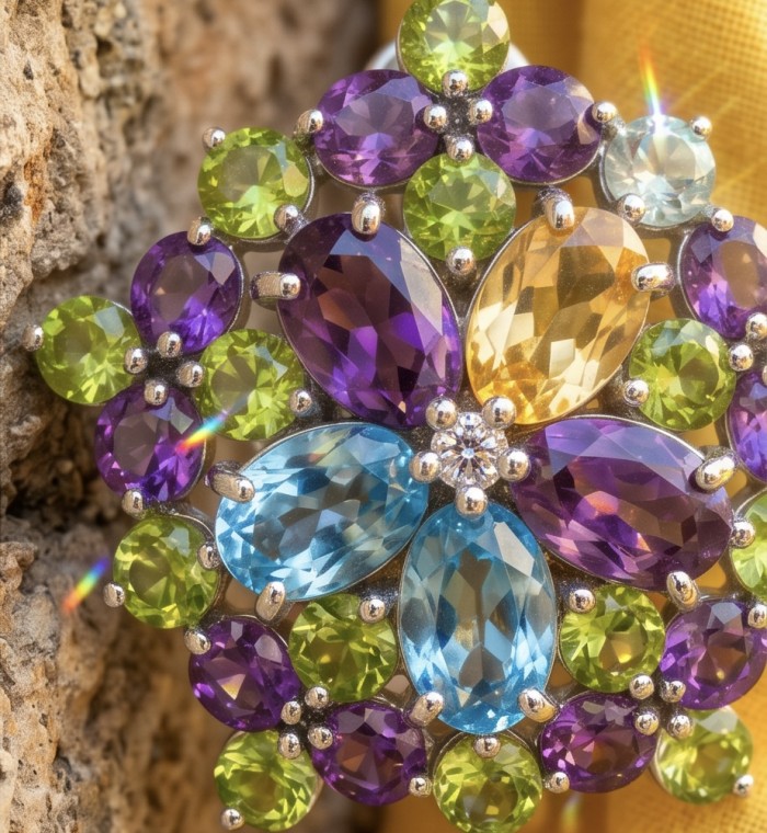 Giovanna - Authentic 14.5 carat Multigem rhodium over .925 Sterling Silver handcrafted earrings - Stone close-up of Giovanna 14.5 carat multigem rhodium jewelry