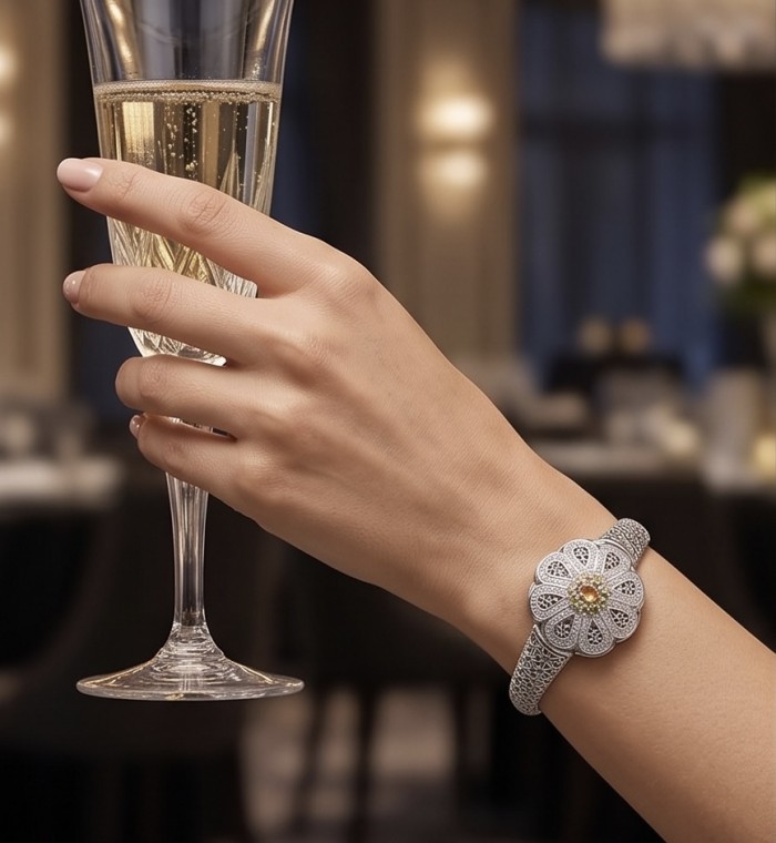 Casablanca - authentic 3.6 carat Brazilian Tourmaline .925 Sterling Silver Bracelet - Bracelet with Brazilian tourmaline, worn on wrist, holding champagne flute.