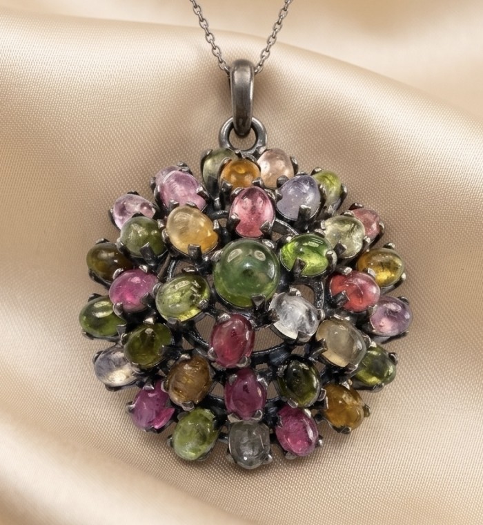 Rio de Janeiro 22.7 carat Brazilian Watermalon Tourmaline black rhodium over .925 Sterling Silver handmade Pendant - Pendant with multicolored tourmaline gem cluster on satin background.
