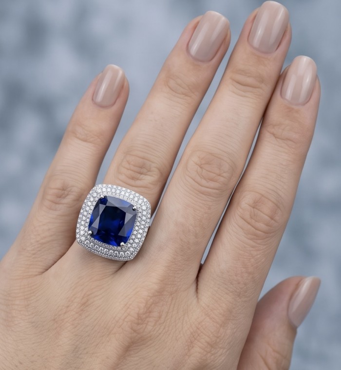 Julietta asscher cut 27.5 carat Sapphire .925 Sterling Silver handmade Statement ring size 7 1/4 - Sapphire ring on hand, asscher cut, 27.5 carat, sterling silver.