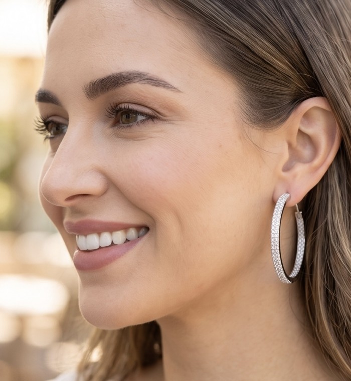 INSIDE - OUT Huge 1 3/8 inches long White Topaz rhodium over .925 Sterling Silver handmade Hoop Earrings - Side view of White Topaz hoop earrings worn on ear