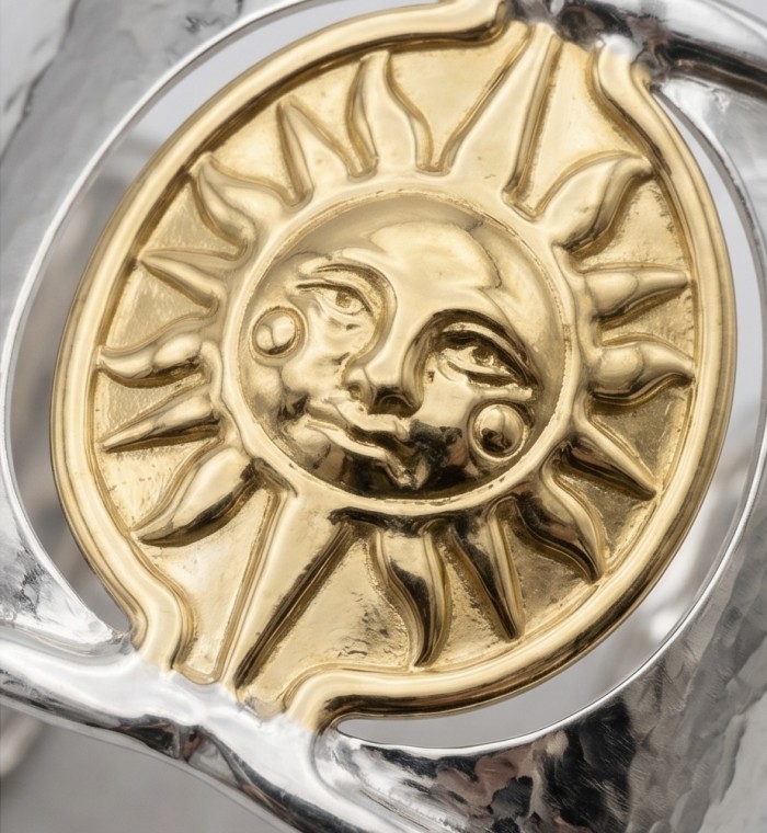 Renewal - Byzantine design 14K Gold over .925 Sterling Silver handcrafted Bracelet / Cuff - Close-up of sun design in gold over sterling silver bracelet.
