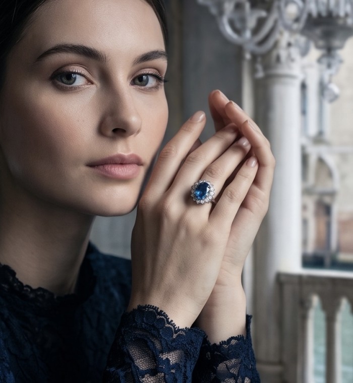 Atlantica 11.8 carat Swiss Blue Topaz .925 Sterling Silver dipped in rhodium handcrafted ring size 7 1/4 - Model wearing Atlantica 11.8ct Blue Topaz ring, close-up on hand.