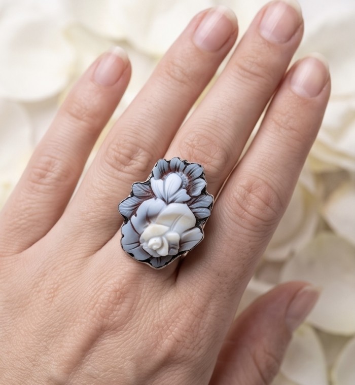 Exquisite Flowers oval Cameo Shell rhodium over .925 Sterling Silver handcrafted Made in Italy Statement ring; s. 7 ADJUSTABLE - Exquisite Flowers cameo shell ring worn on hand, top view.