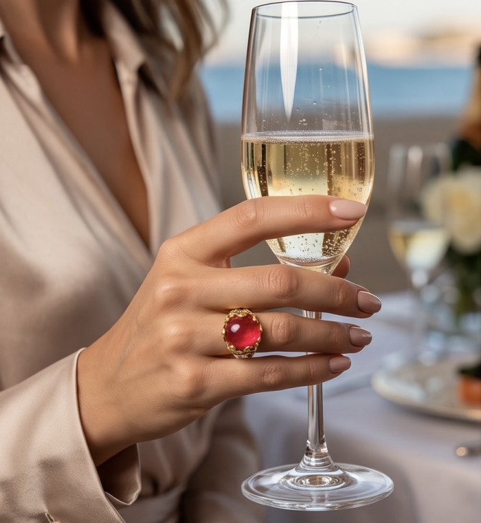 Emily 10.9 carat Mozambique Ruby .925 Sterling Silver dipped in 22K Gold handmade Statement Ring size 7 - Ruby ring worn on hand, holding a champagne glass