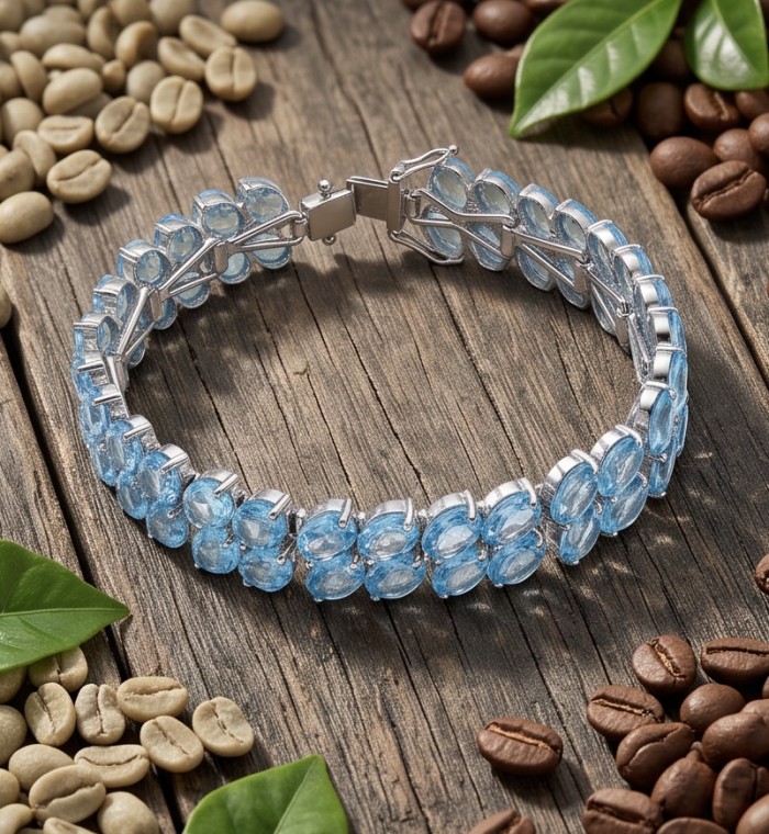 Serenity 88.9 carat genuine Swiss Blue Topaz .925 Sterling Silver handmade Large Statement Bracelet - Serenity blue topaz bracelet on wood with coffee beans, clasp detail