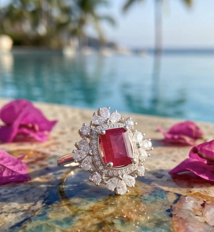 Claudia 4.5 carat Ruby .925 Sterling Silver handcrafted incredible ring s. 8 1/4 - Close-up of Claudia 4.5ct Ruby ring with floral diamond design by the pool.