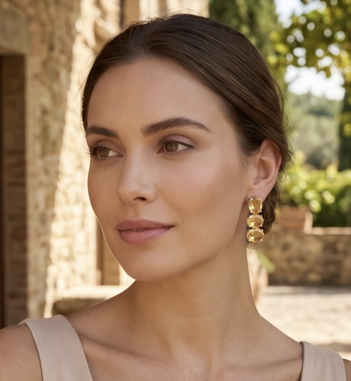 Victoria Authentic 27.2 carat Brazilian Citrine rhodium over .925 Sterling Silver brilliantly handcrafted Statement earrings - Side view of Victoria Authentic earrings worn, featuring Brazilian Citrine.