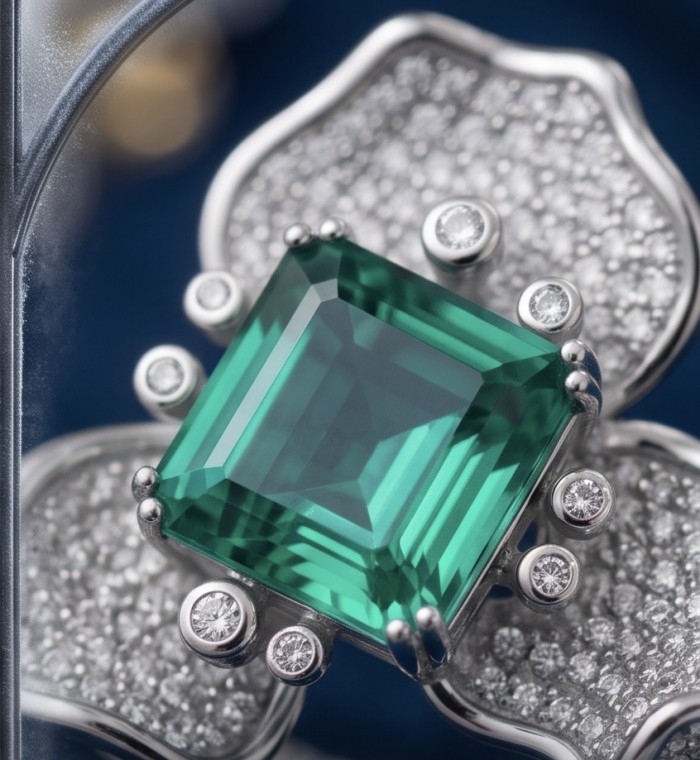 Elizabeth 4.8 carat Colombian Emerald 8.2 carat Moissanite .925 Sterling Silver dipped in Rhodium handcrafted Ring size 7 1/2 - Close-up of emerald and moissanite ring with floral design.